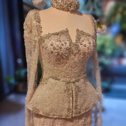 Luxury Nude Dubai Crystal Beaded Evening Dress with Cape LA73274