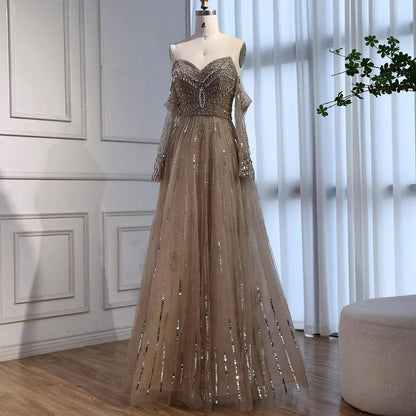 Luxury Caramel Crystal Beaded   Long Sleeve Mermaid Evening Dress LA73130