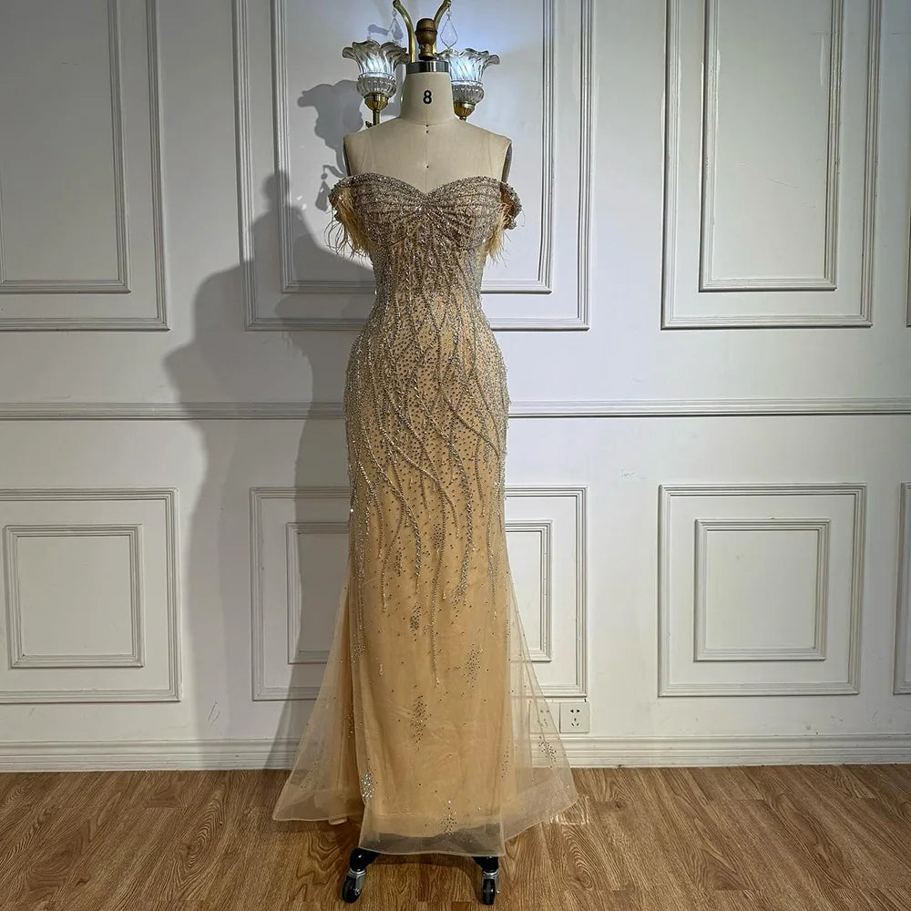 Luxury Dubai Nude Beaded Mermaid Evening Gown with Feather Formal Occasion LA72818