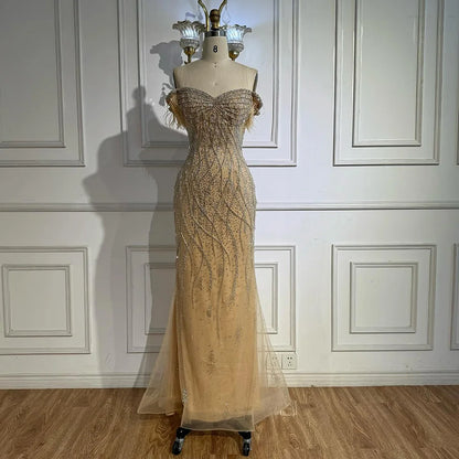 Luxury Dubai Nude Beaded Mermaid Evening Gown with Feather Formal Occasion LA72818