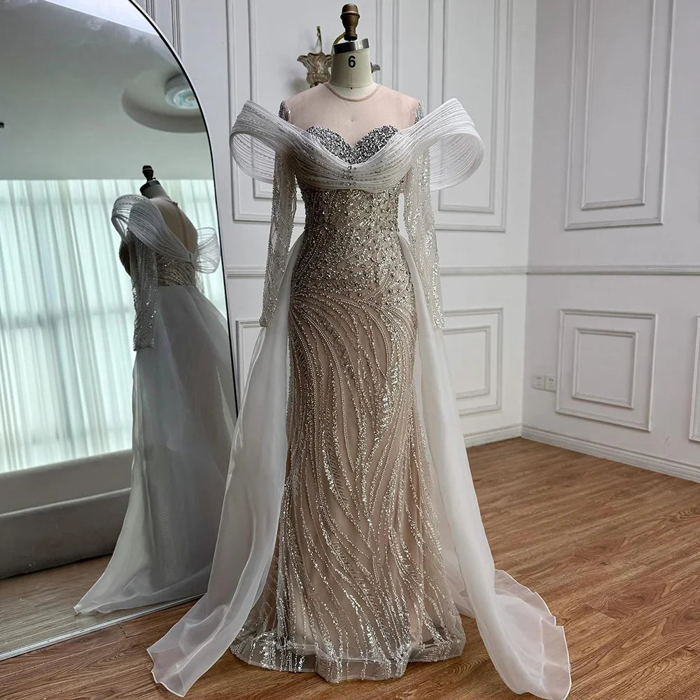 Elegant White Nude Sequin Beaded Mermaid Evening Gown LA72266C