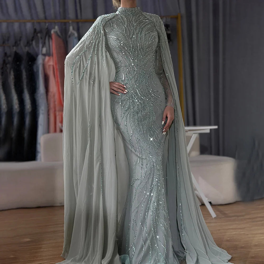 Luxury Muslim Sage Green Evening Dresses Gowns with Cape Long Sleeves LA72413A
