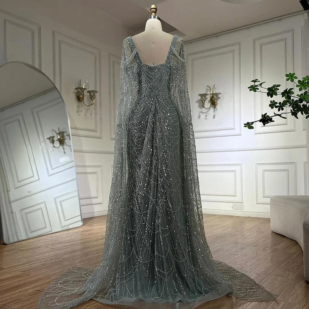 Luxury Turquoise Beaded Pearl Arabic Evening Dress with Cape Sleeves LA72590