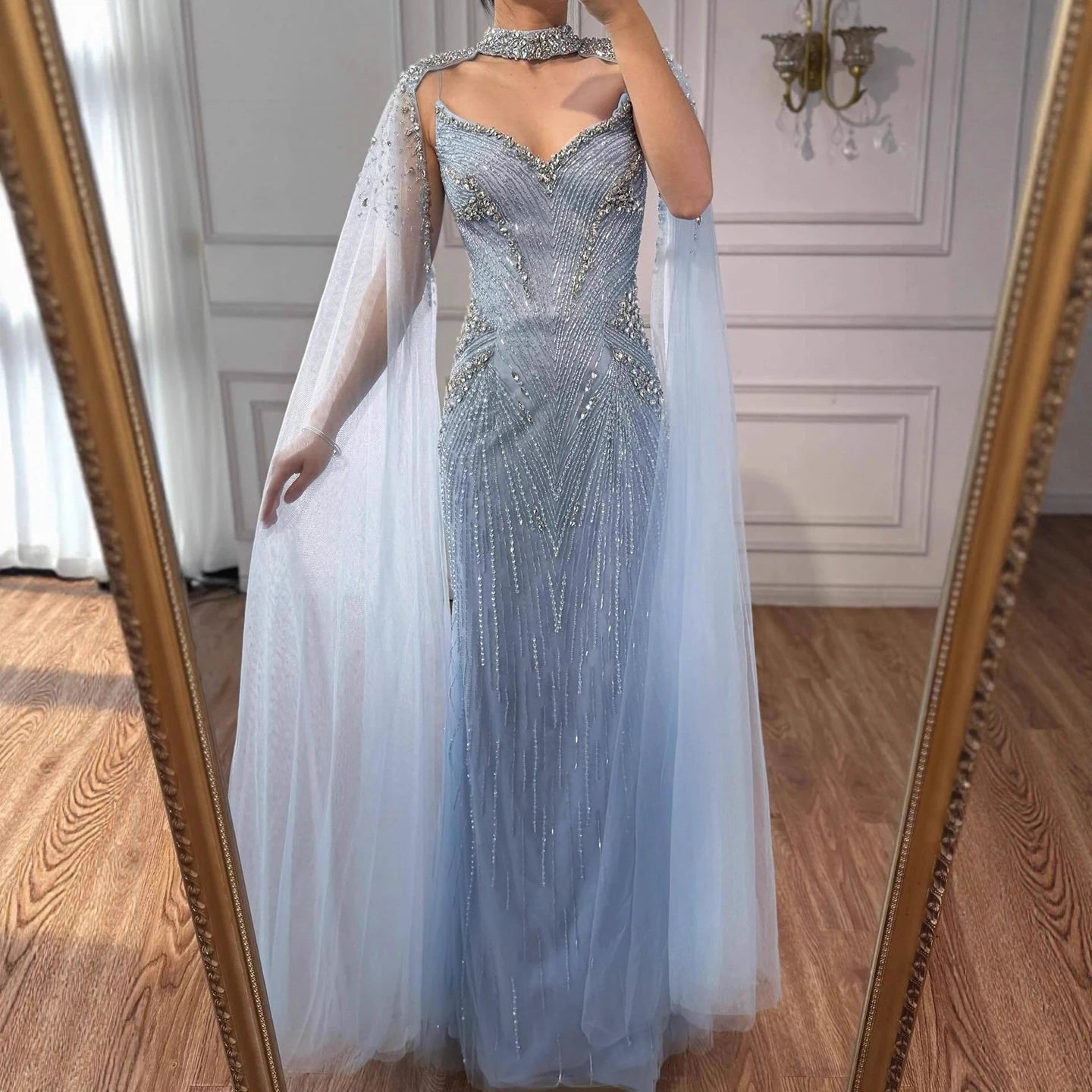 Luxury Arabic Nude Beaded Evening Dress with Cape Sleeves LA73173