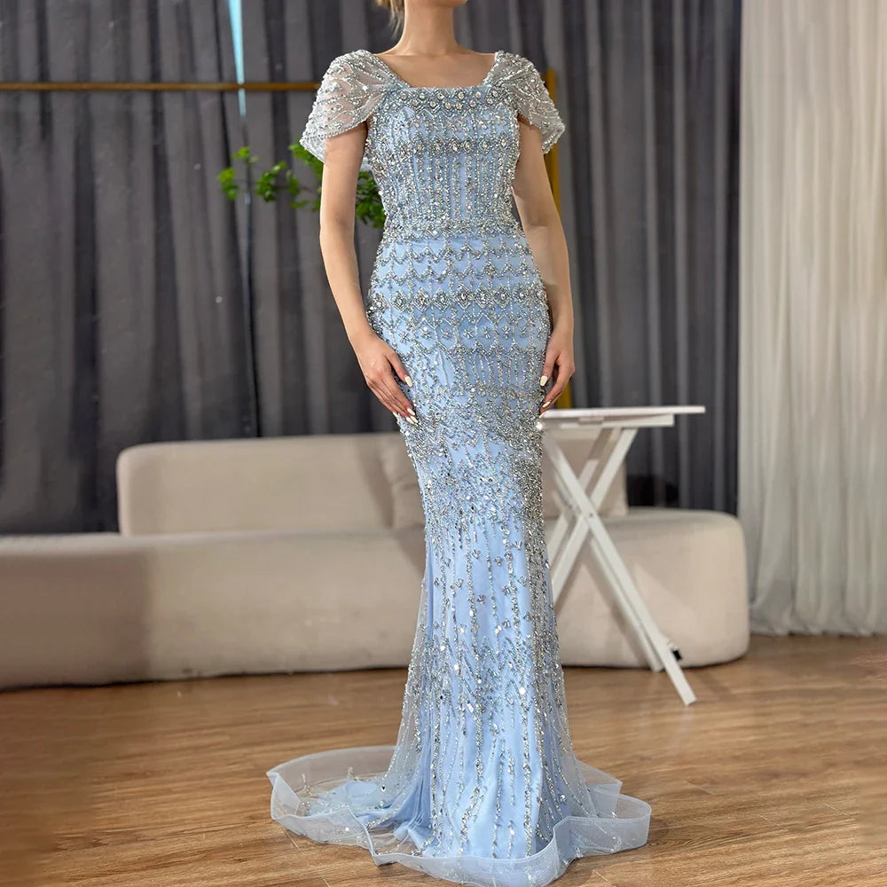 Luxury White Mermaid Square Neck Short Sleeves Evening Dresses LA72714