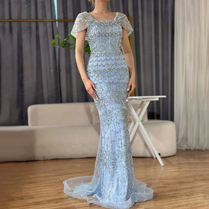 Luxury White Mermaid Square Neck Short Sleeves Evening Dresses LA72714