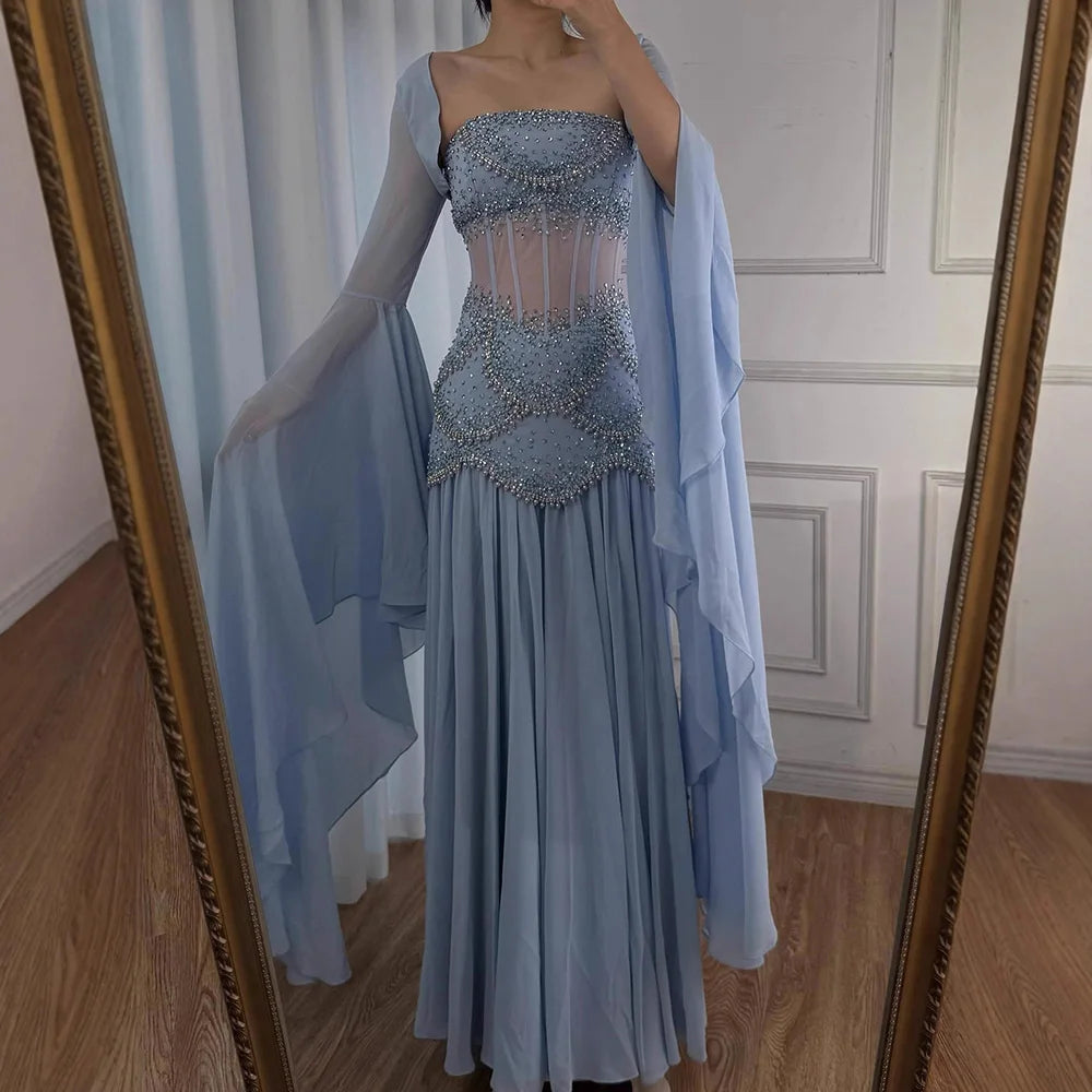 Luxury Blue Evening Dress with Pearls Tassels and Flowing Coat LA72978A