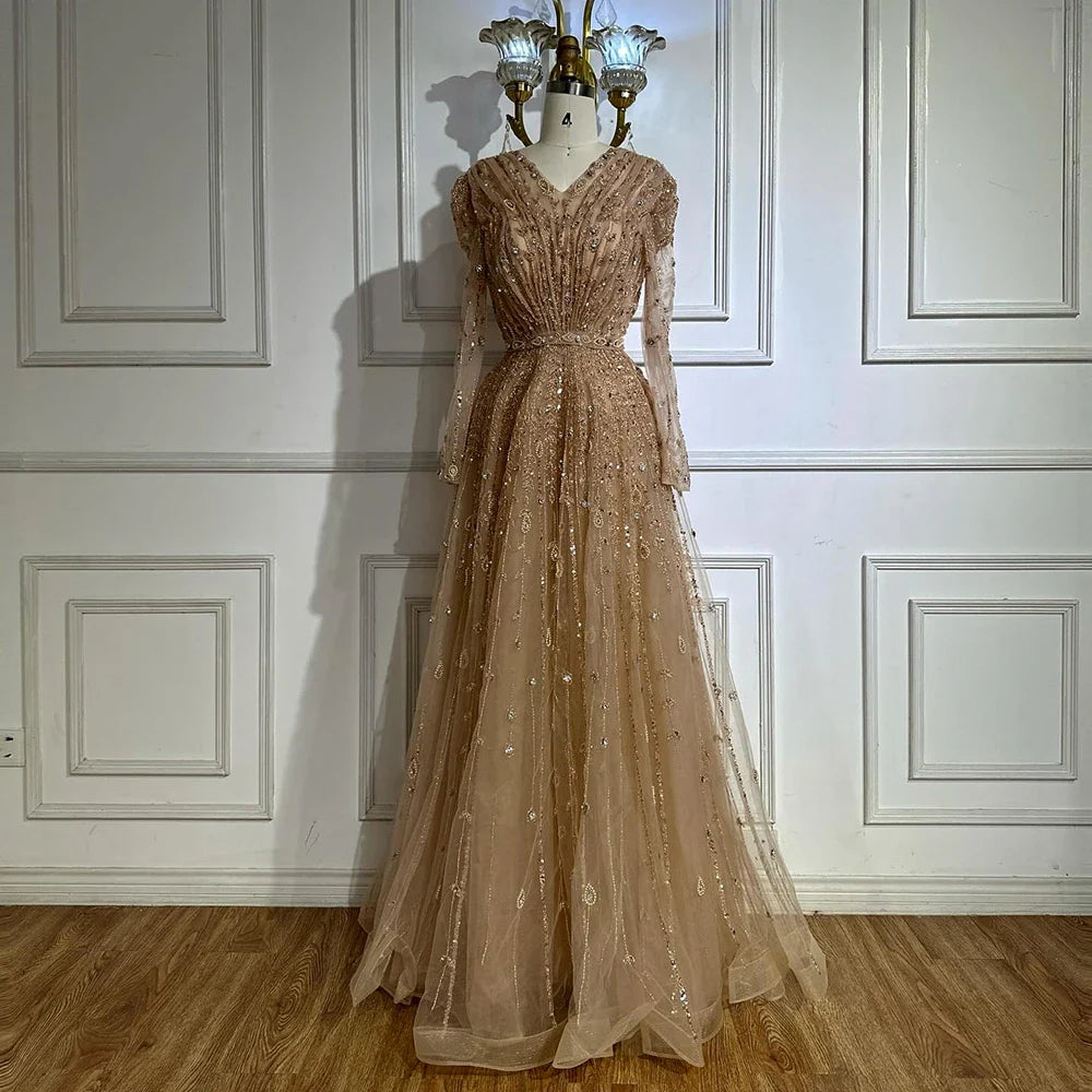 Luxury Nude A Line Beaded Evening Dress for Formal Occasion LA71803D