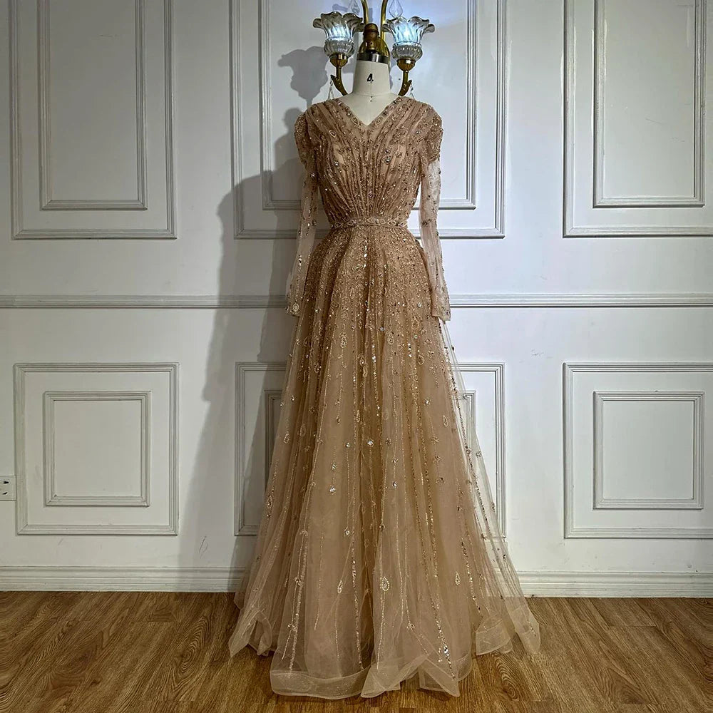 Luxury Nude A Line Beaded Evening Dress for Formal Occasion LA71803D