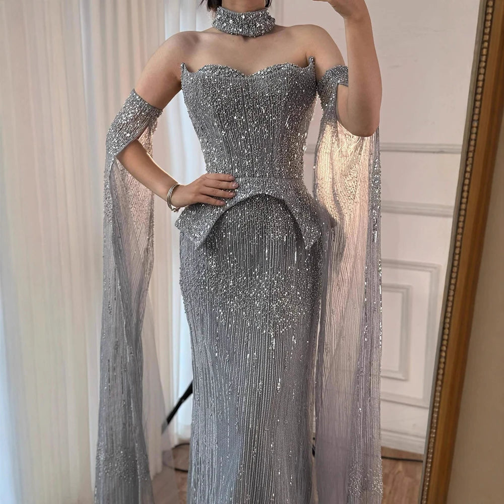 Luxury Gray Beaded Off-Shoulder Evening Dress with Cape Sleeves LA73076