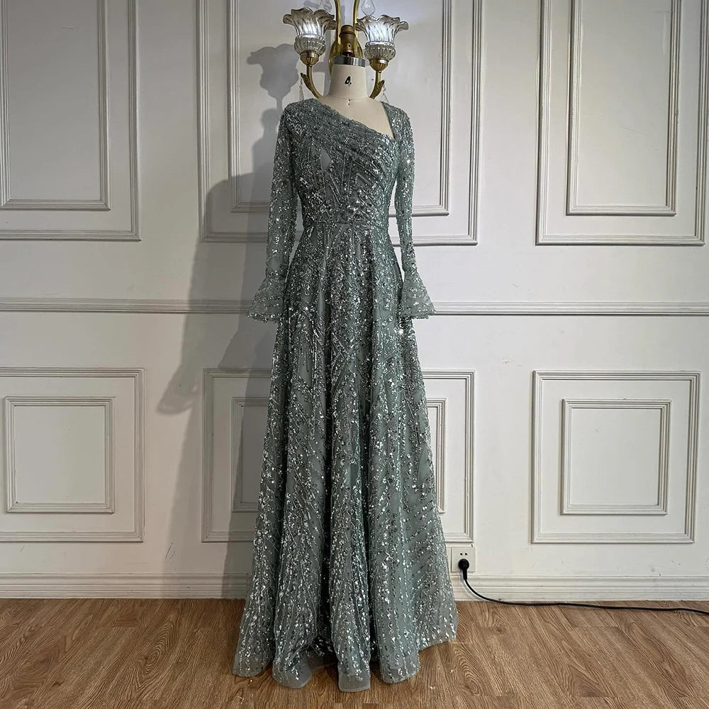 Luxury Turquoise Beaded A-Line Evening Dress with Puffy Sleeves LA73177