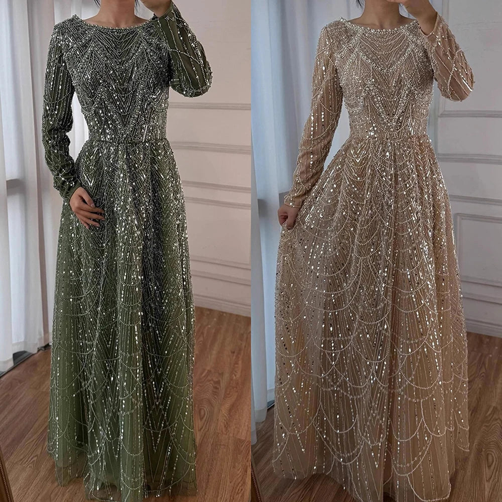 שמלת ערב יוקרתית בגזרת A עם חרוזים בצבע ירוק זית ושרוולים ארוכים LA72738B