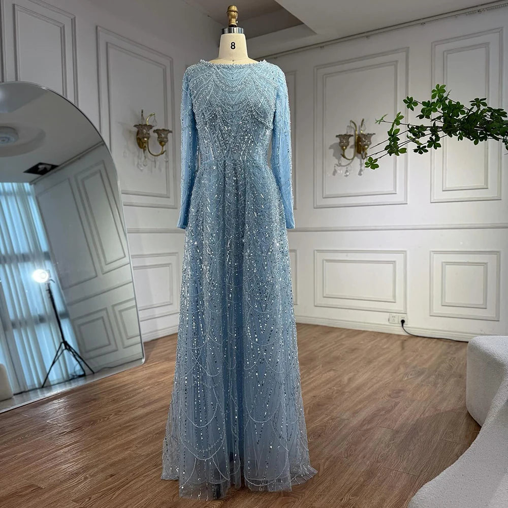 שמלת ערב יוקרתית בגזרת A עם חרוזים בצבע ירוק זית ושרוולים ארוכים LA72738B