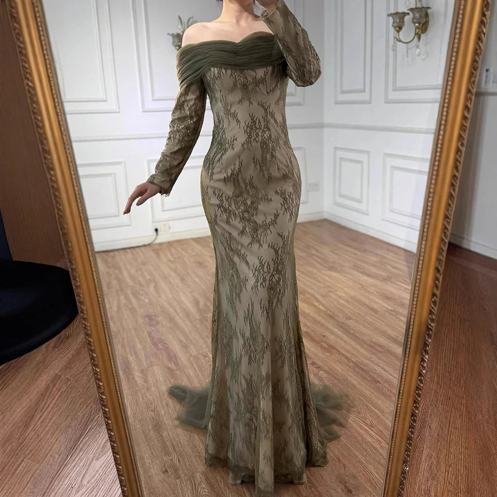 Elegant Olive Green Evening Dress with Lace Sleeves LA72942