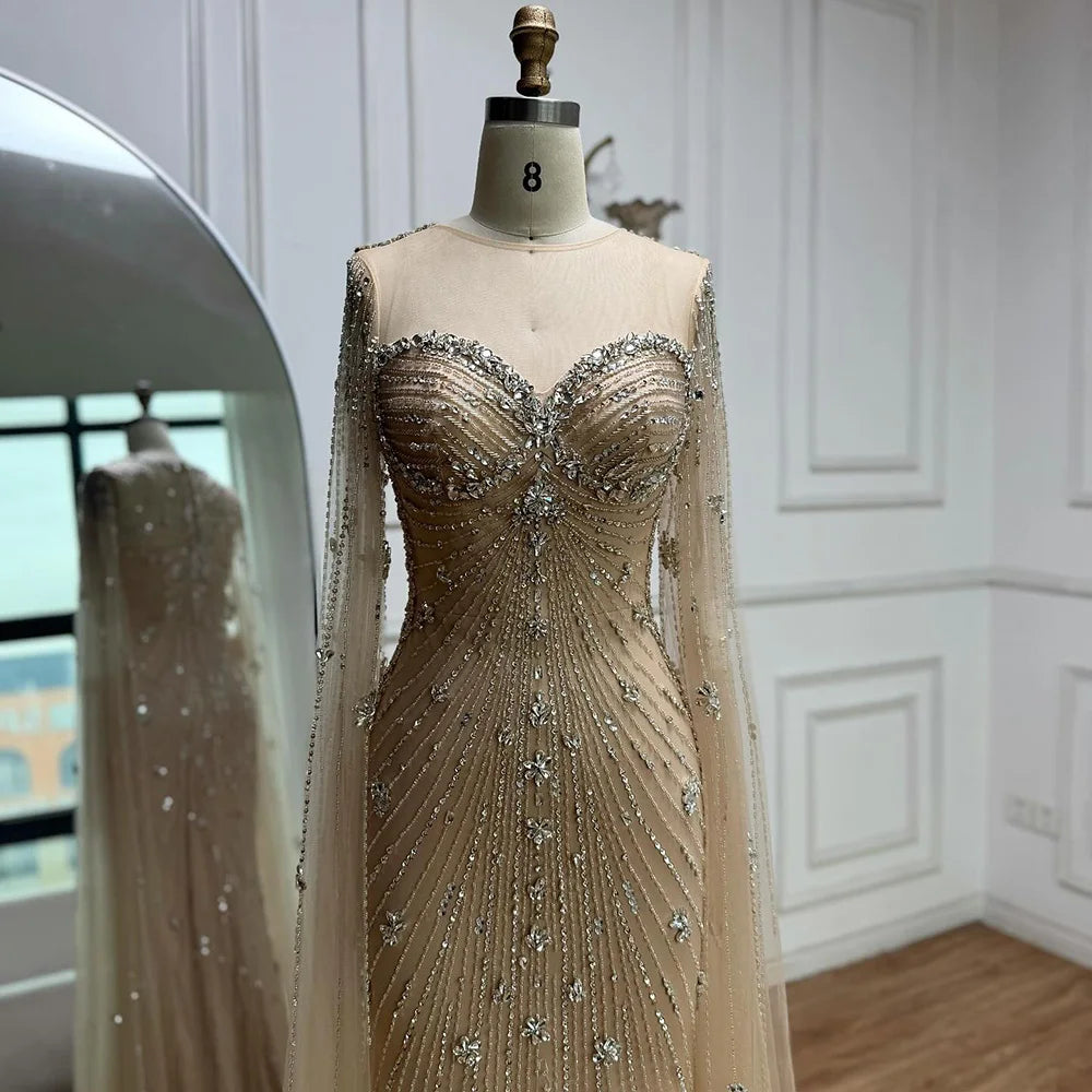 Luxury Green Beaded Mermaid Dress with Cape Sleeves LA73115