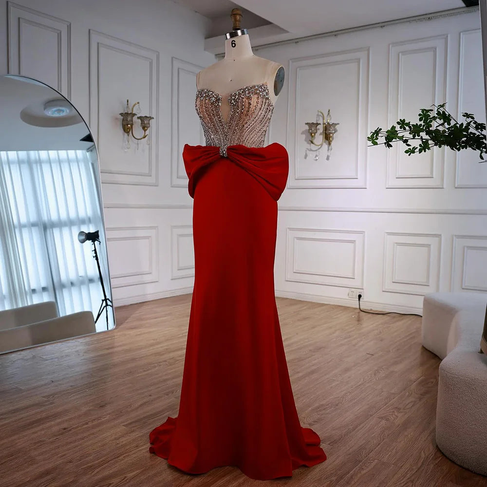 Luxury Red Satin Evening Dress with Bow Designer Gown LA73060