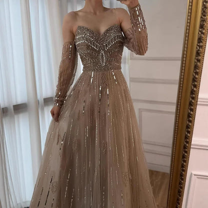 Luxury Caramel Crystal Beaded   Long Sleeve Mermaid Evening Dress LA73130