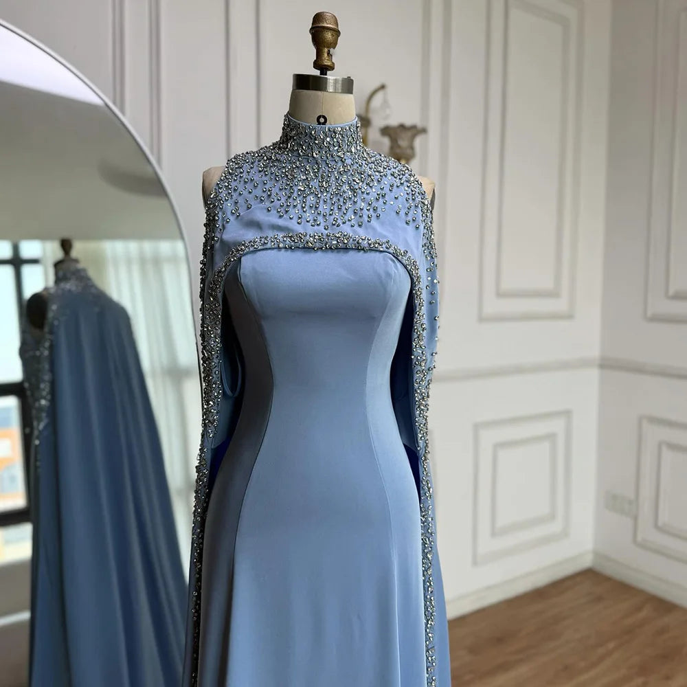 Elegant Blue High Neck Evening Dress with Crystals and Long Cape LA73068
