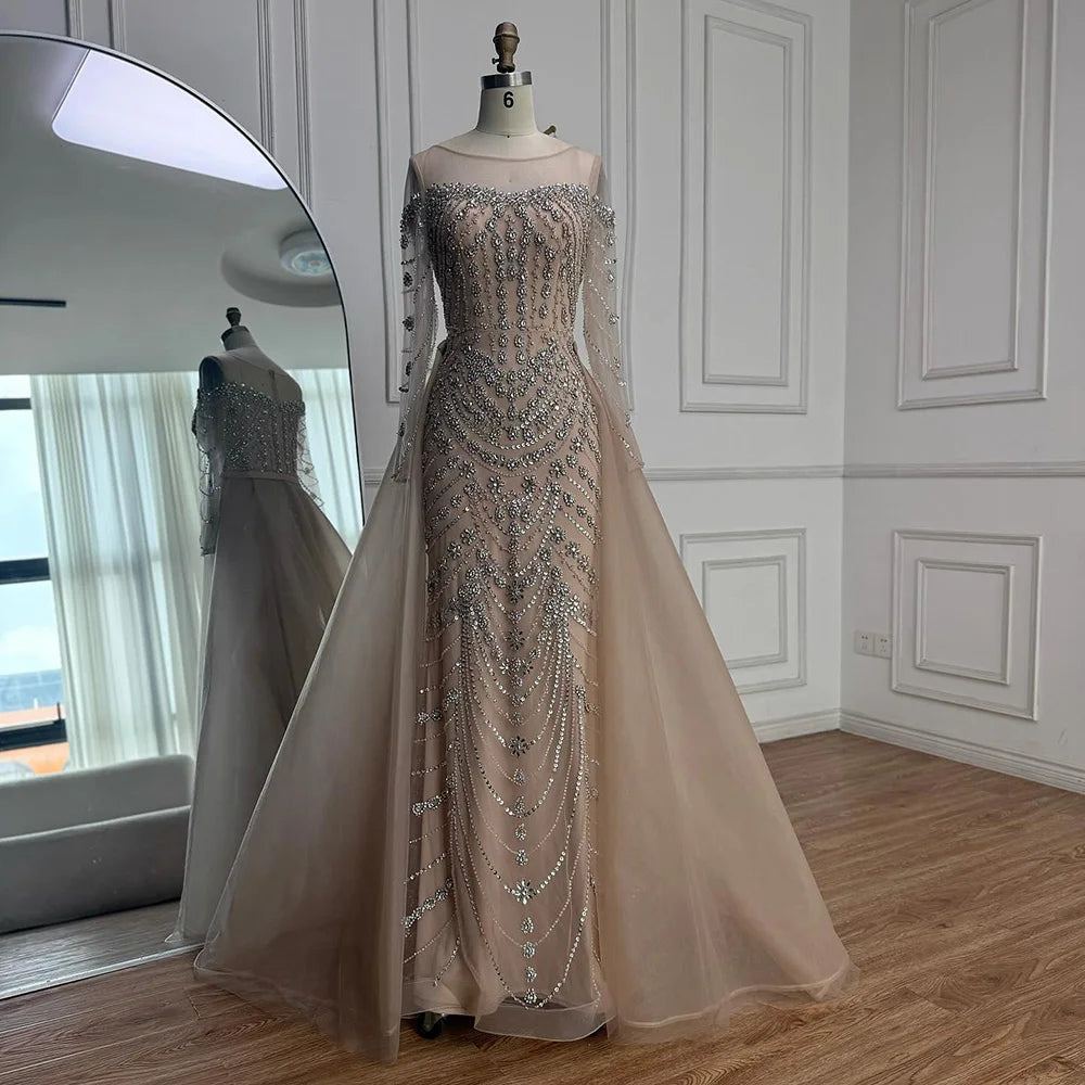 Luxury Off Shoulder Beaded Evening Dress with Long Sleeves and Train LA72930