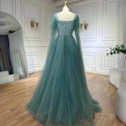 Luxury Blue A-Line Feathers Beaded Evening Dress with Cape Sleeves LA71782A