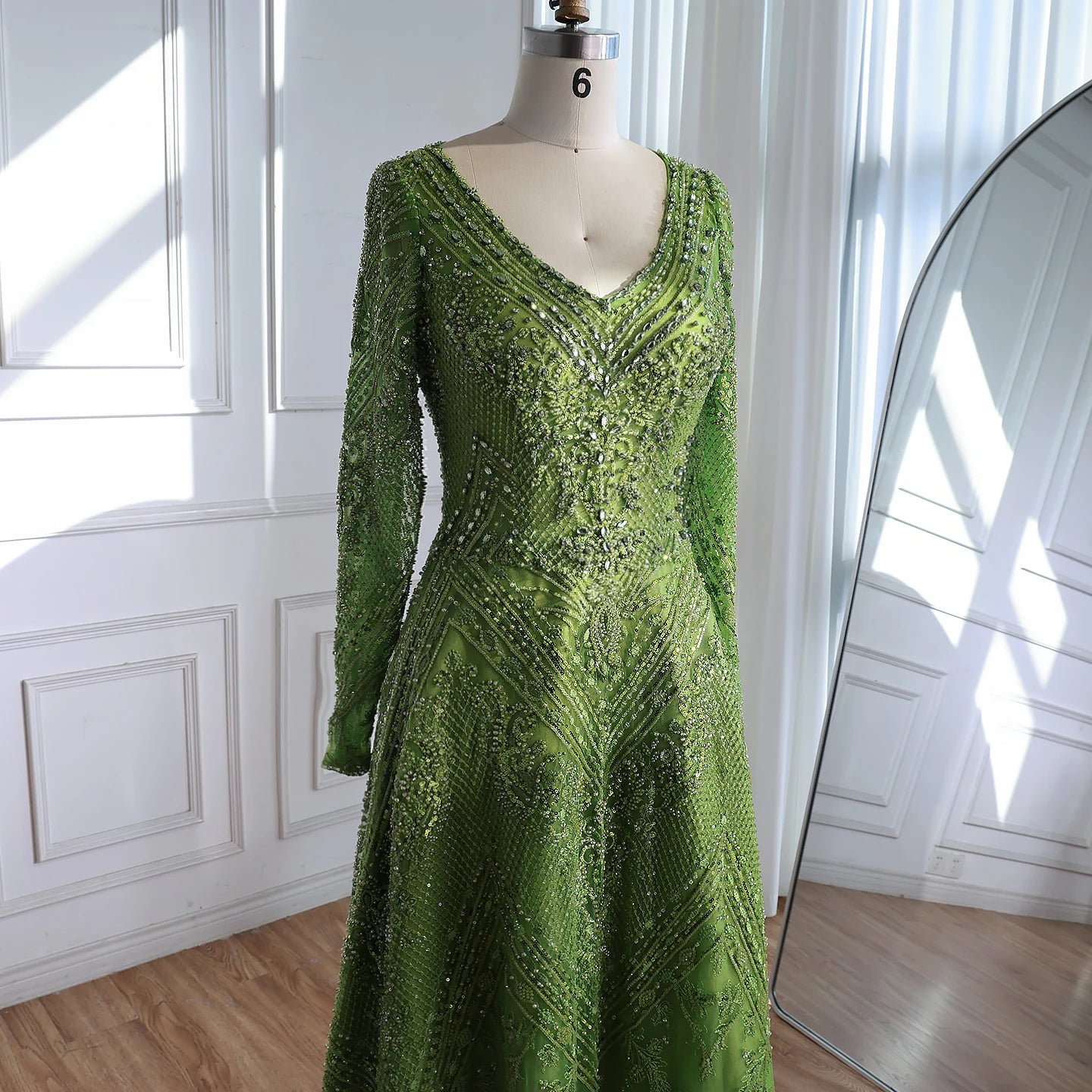Luxury Lime Green Lace Beaded Long Sleeve Evening Dress LA73324