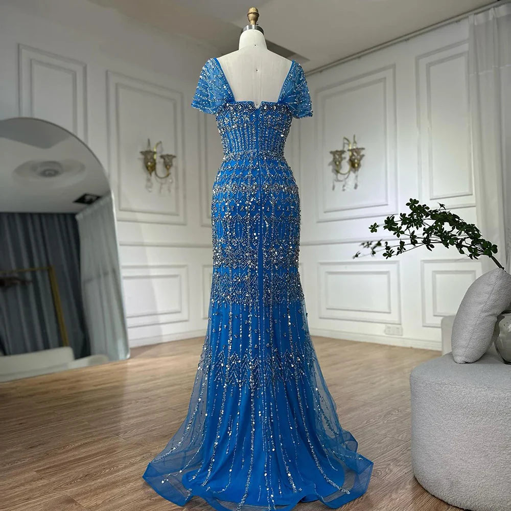 Luxury White Mermaid Square Neck Short Sleeves Evening Dresses LA72714