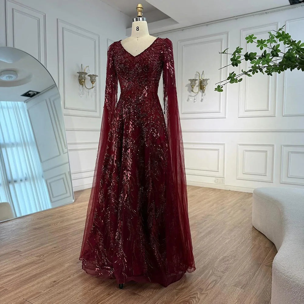 Luxury Wine Red A-Line Luxury Beaded Evening Dress with Cape LA73127