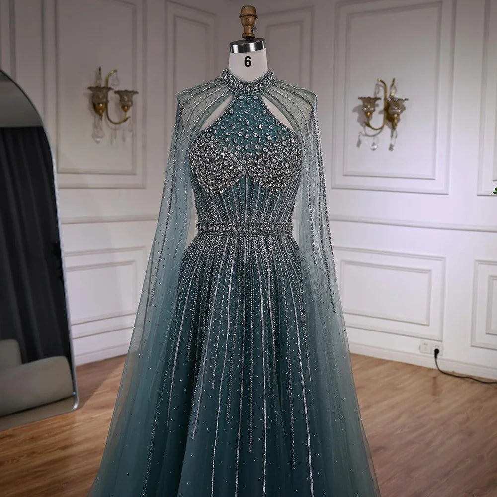 Luxury Turquoise Beaded A-Line Evening Dress with Cape Sleeves LA73054