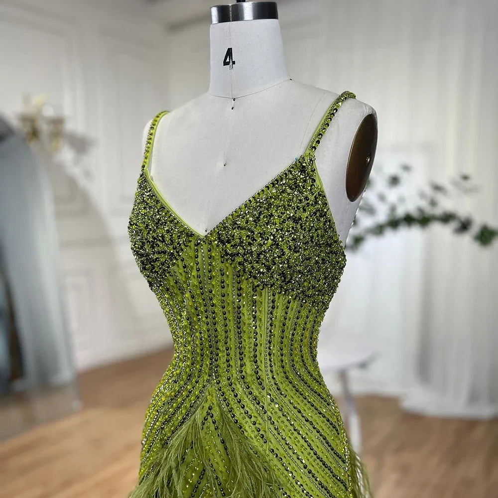 On Sale  no return no refund Serene Hill Yellow Green Feathers Mermaid Sundress Evening Gowns Beaded Ankle Length Party Drsses 2025 For Women LA72055