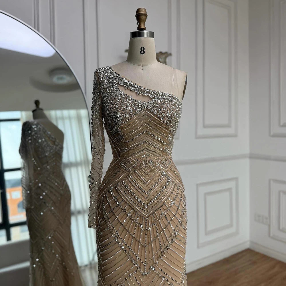 Luxury Nude One Shoulder Long Sleeve Beaded Evening Dress LA73180