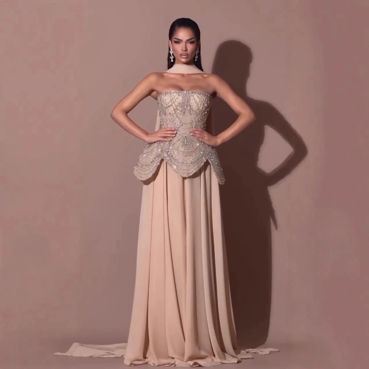 Luxury Designer Nude Beaded Chiffon Evening Dress Wedding LA72915