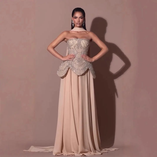 Luxury Designer Nude Beaded Chiffon Evening Dress Wedding LA72915