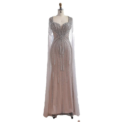 Luxury Caramel Beaded Evening Dress With Cape LA72992A