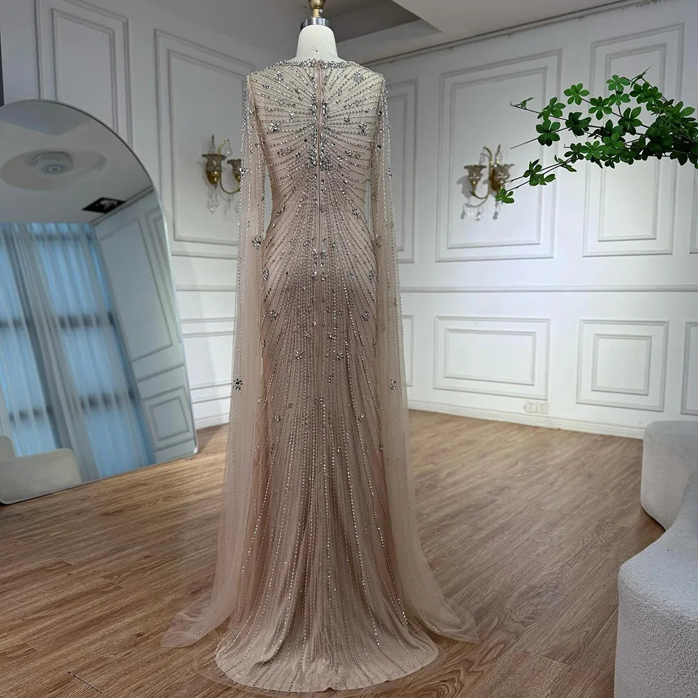 Luxury Green Beaded Mermaid Dress with Cape Sleeves LA73115