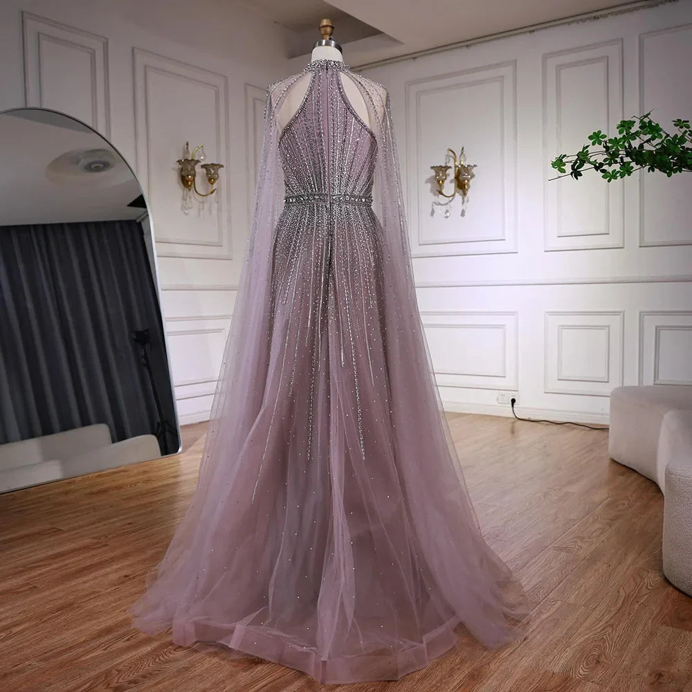Luxury Turquoise Beaded A-Line Evening Dress with Cape Sleeves LA73054