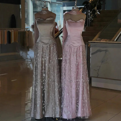 Luxury Sage Green and Pink Arabic   Beaded Evening Dress LA72805D