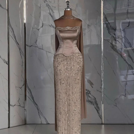 Luxury Caramel Satin Beaded Evening Dress with Corset Bodice LA72805C