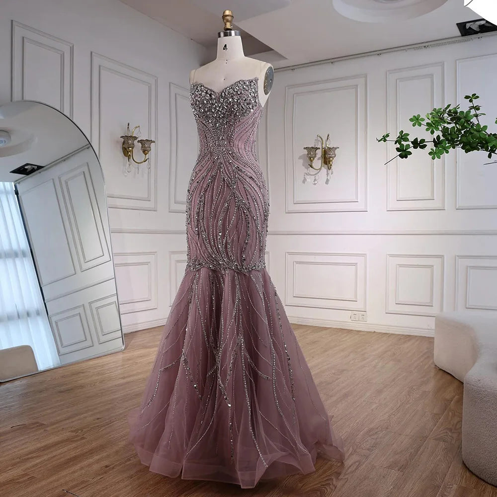 Luxury Pink Beaded Strapless Mermaid Evening Dress LA73124