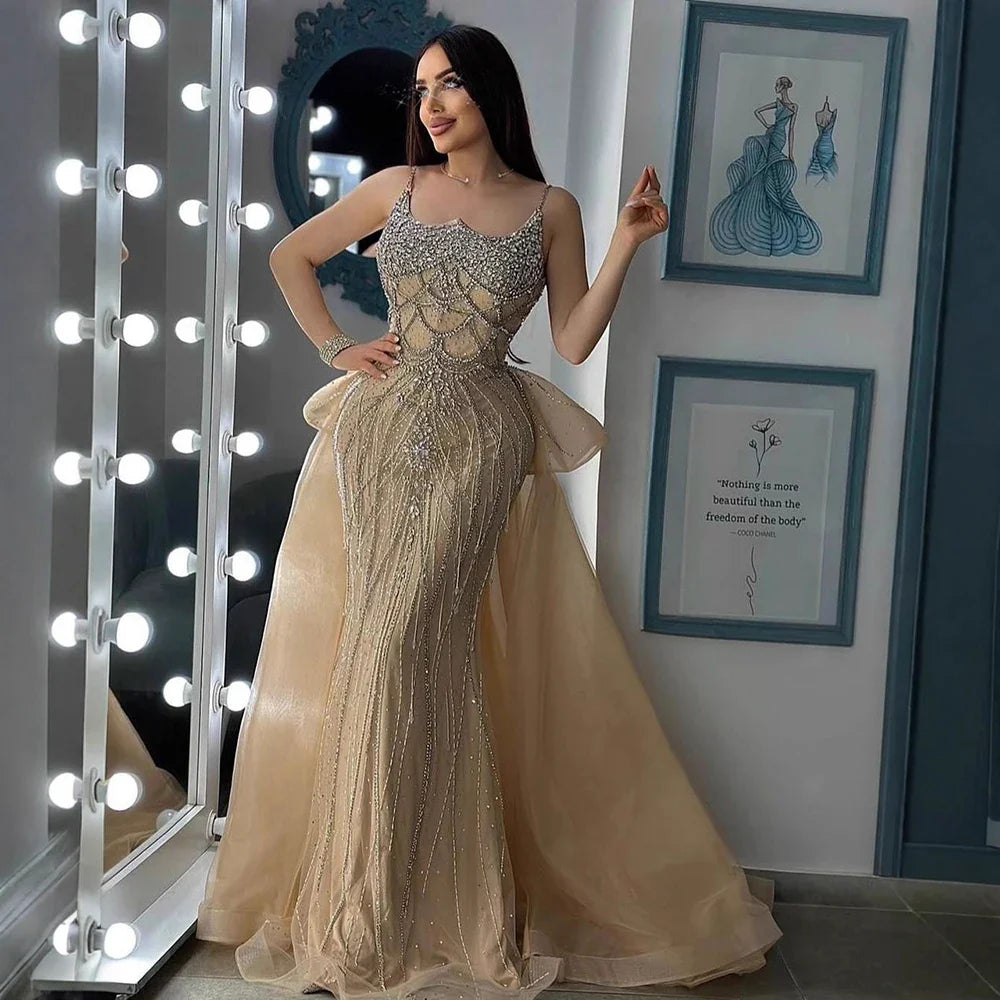 Luxury Dubai Nude Saudi Beaded Spaghetti Strap Evening Dress with Overskirt LA72810
