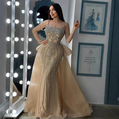 Luxury Dubai Nude Saudi Beaded Spaghetti Strap Evening Dress with Overskirt LA72810