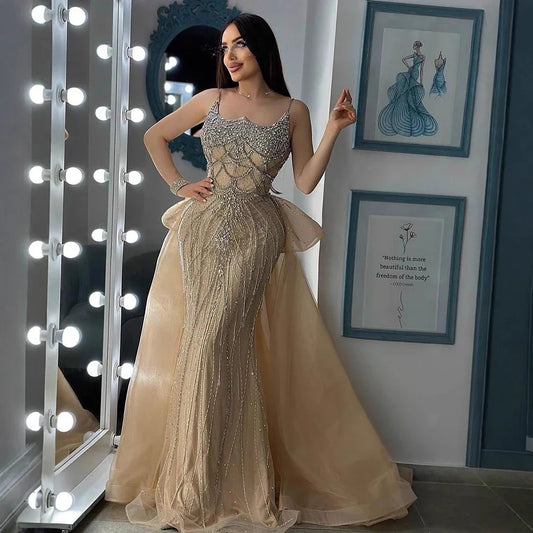 Luxury Dubai Nude Saudi Beaded Spaghetti Strap Evening Dress with Overskirt LA72810