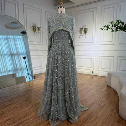 Luxury Modest Sage Green Evening Dress with Pearls LA72032B