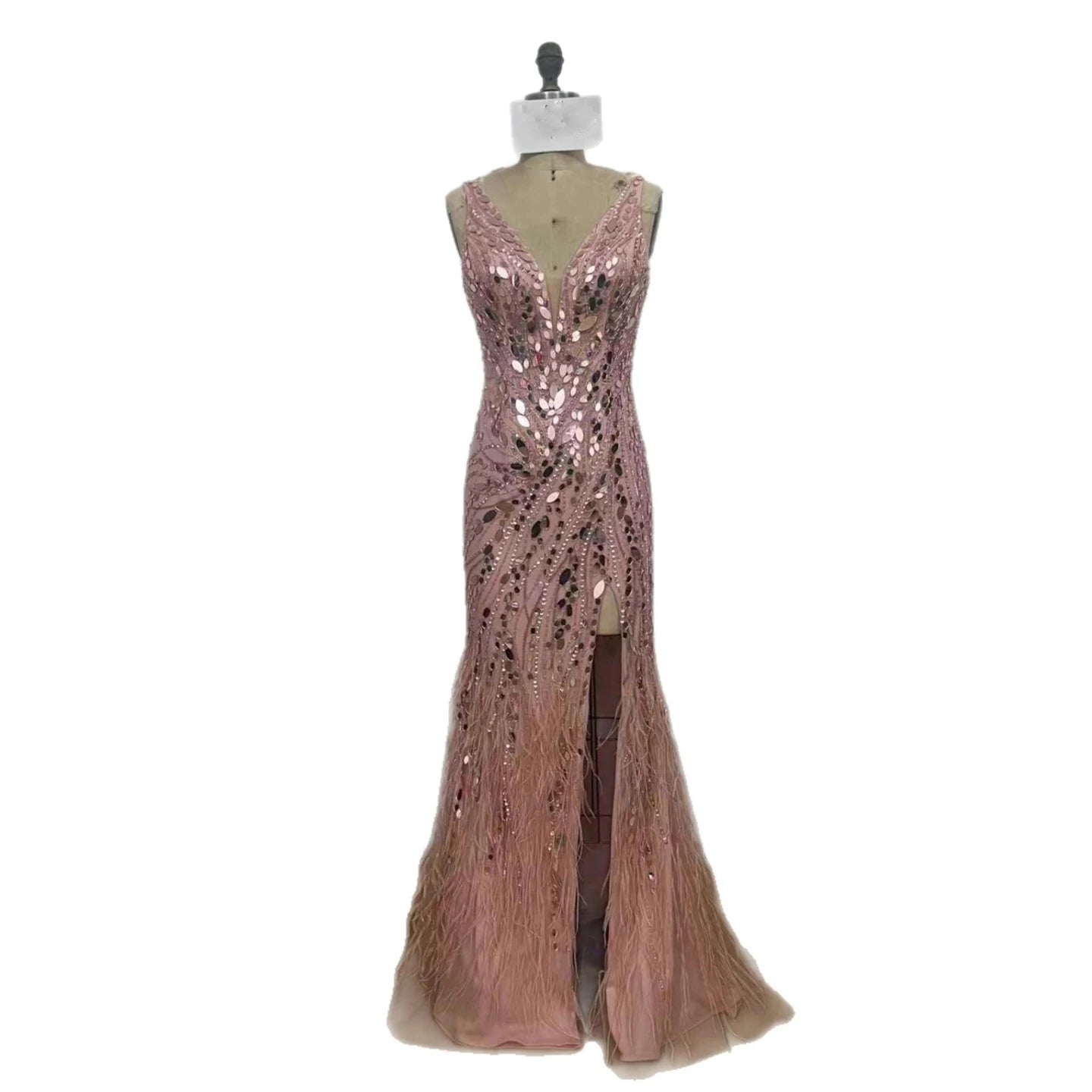Luxury Blue Beaded Feather Mermaid Evening Dress LA73369