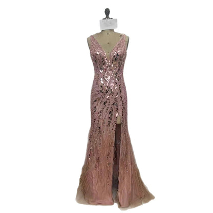Luxury Blue Beaded Feather Mermaid Evening Dress LA73369
