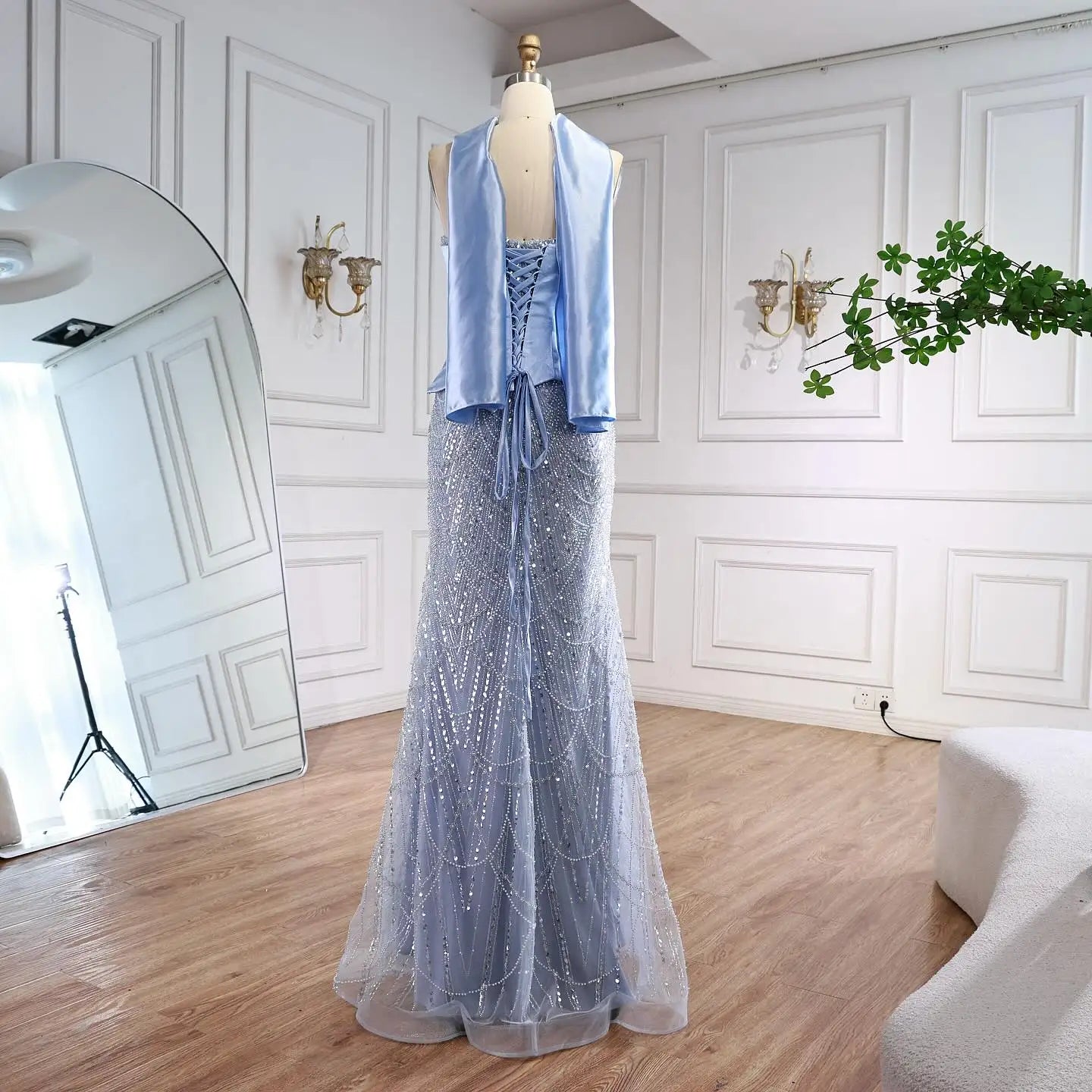 Blue Arabic Dubai Designer A-Line Evening Dress for Women Party LA73216