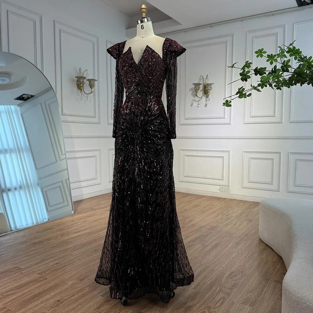 Luxury Wine Red Sequined Long Sleeve Evening Dress LA73126