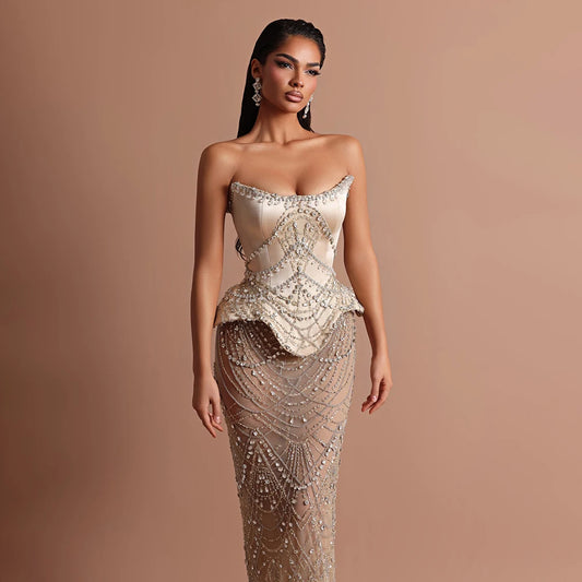 Luxury Nude Beaded Strapless Mermaid Evening Dress LA73166