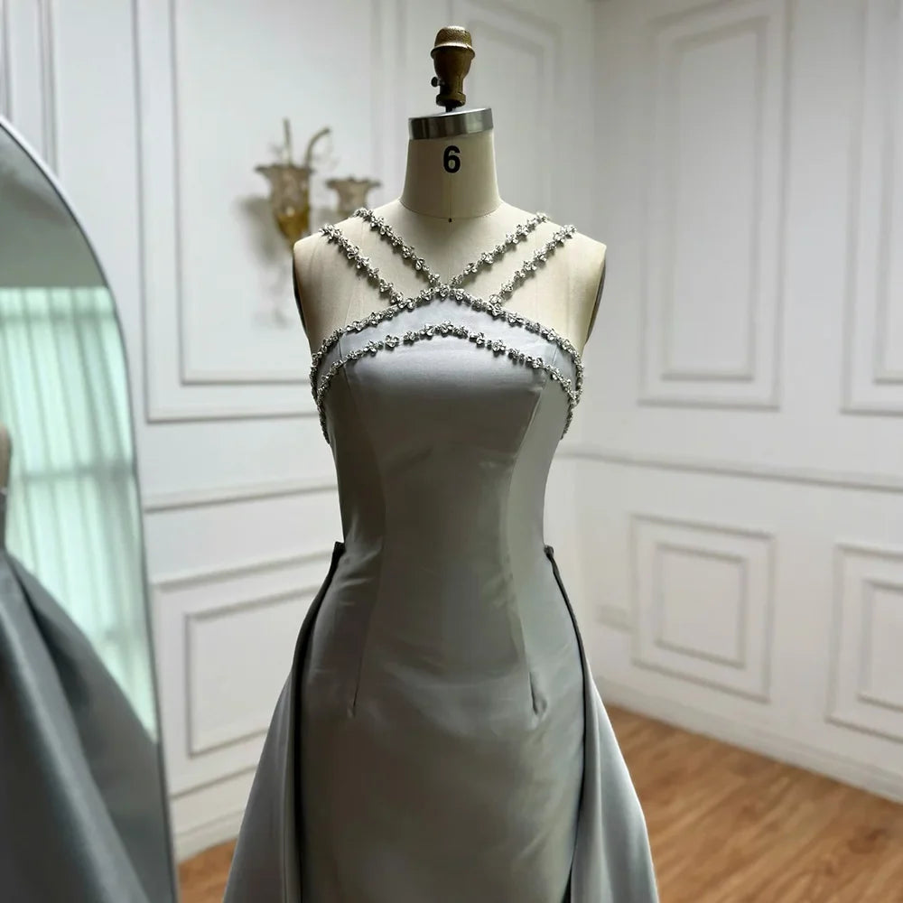 Elegant Light Blue Satin Arabic Evening Dress with Overskirt LA72524