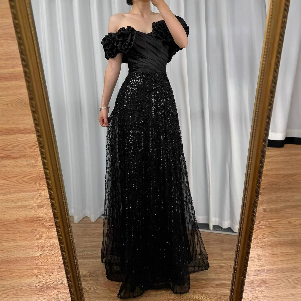 Luxury Black Off Shoulder Sequin Evening Dress with Floral Sleeves LA73096