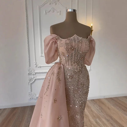 Luxury Nude Off Shoulder Pearl Beaded Mermaid Evening Dress with Overskirt LA73109